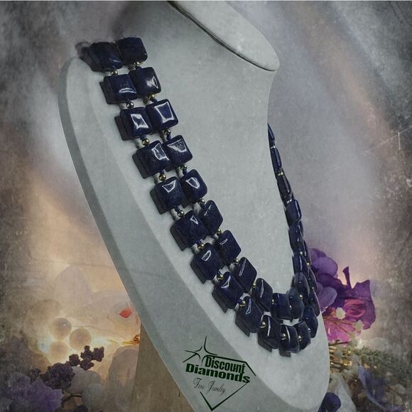 Natural Deep Blue Lapis Lazuli 12mm Flat Square Double Strand Necklace 14 Ct. Go - Picture 5 of 7